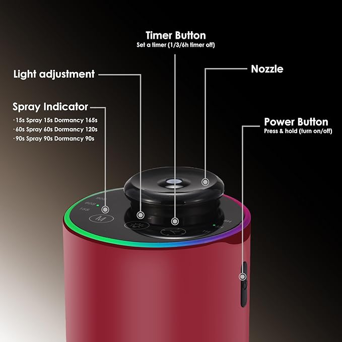 Waterless Essential Oil Diffuser with 8 Color LED Night Light, 3 Mist Levels & Timers, Portable Rechargeable Aromatherapy Diffuser for Home Car Room Studio Office, Black Metal (Red)