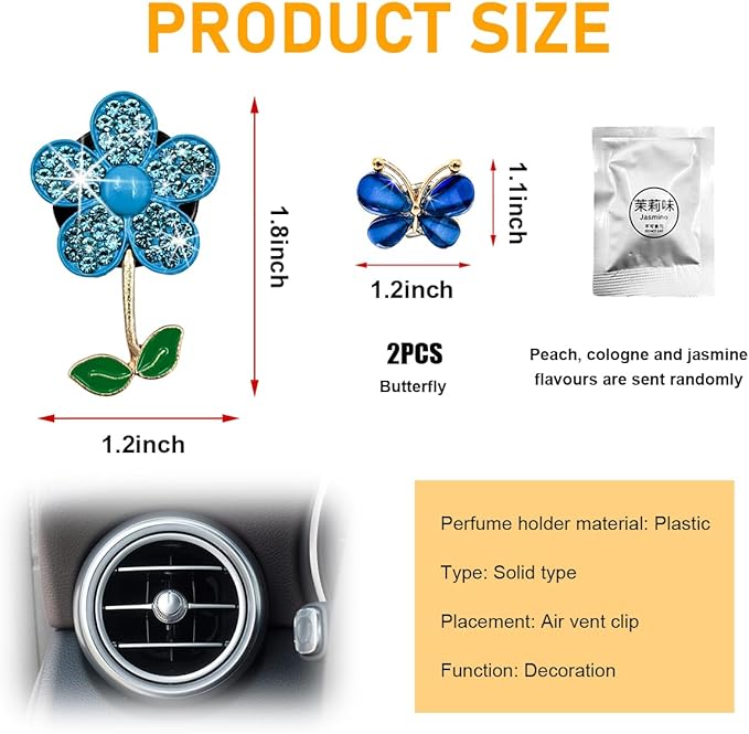 3 PCS Bling Car Air Vent Clips, Rhinestone Daisy Butterfly Air Freshener Outlet Diffuser Clip, Cute Auto Air Conditioning Clip Charm for Women Girls, Decor Car Accessories (Blue)