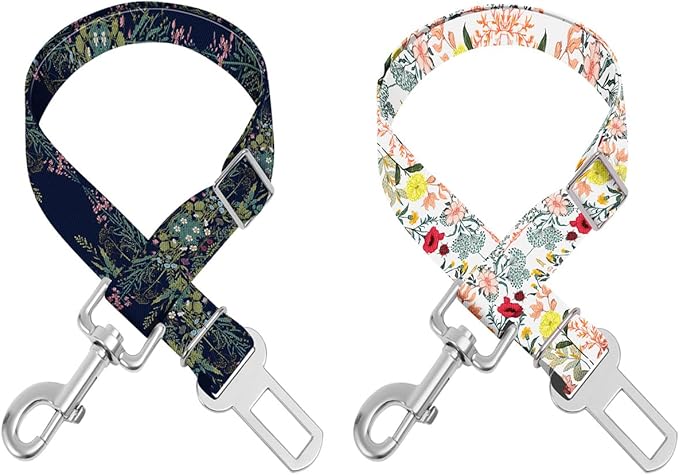 Adjustable pet cat and Dog car seat Belts. The Lanyard is Flexible and Adjustable from 20 to 33 inches(White Flowers + Black Flowers)