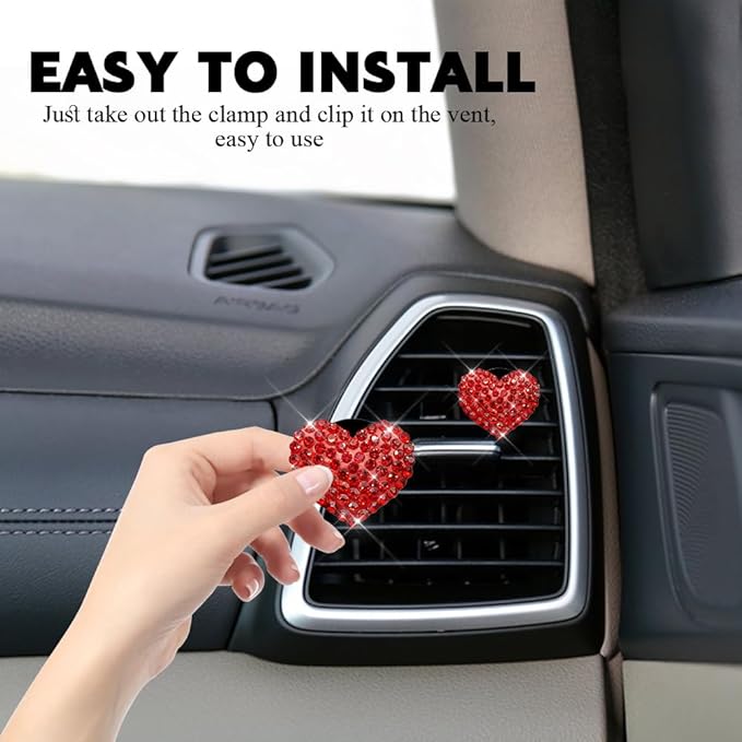 4PCS Bling Heart Air Vent Clips, Car Air Freshener for Women, Air Fresheners Diffuser Clip Charm, Car Air Conditioning Outlet Clip Decorative Accessory for Women Girls (Red, Style1)