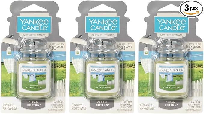 Yankee Candle Car Air Fresheners, Hanging Car Jar Ultimate, Neutralizes Odors Up to 30 Days, Clean Cotton, 0.96 OZ (Pack of 3)