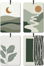 Boho Green Car Air Freshener 4 Pcs, Mid Century Modern Sun Moon Mountain Plant Striped Air Freshener Hanging for Cars Books Closet Drawer, Green Car Accessories for Women Men