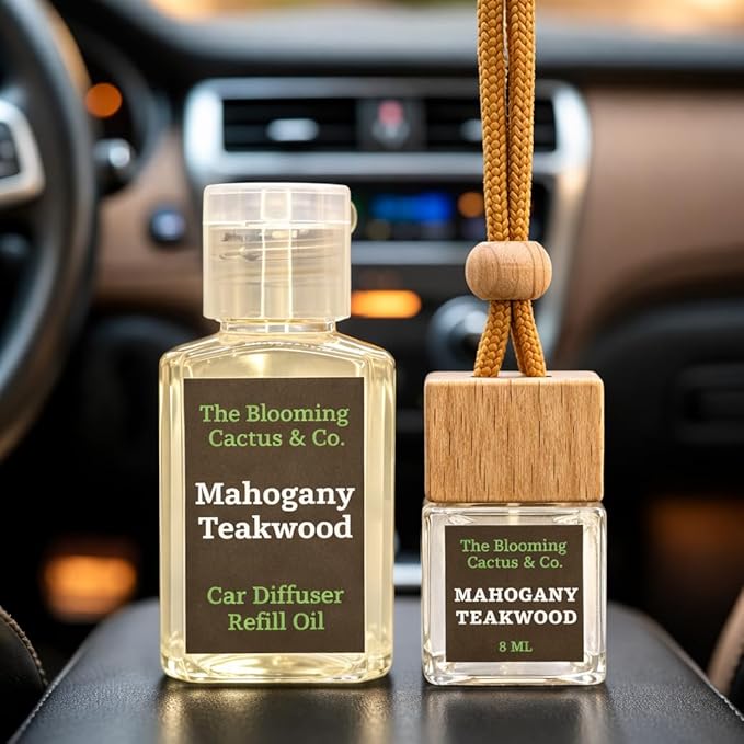 Car Air Freshener, Luxury Car Diffuser with 1 Oz Refill, Phthalate Free Fragrance – Long Lasting Scent | Refillable Hanging Air Freshener for Car, Home, Office | Made in USA (Mahogany Teakwood)