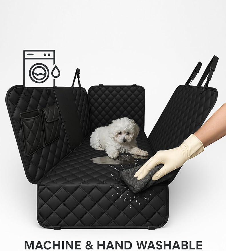Dog Car Seat Cover, Universal Fit, Waterproof, Breathable, Machine Washable, Pet Hammock with Storage Pocket, Black (Black, Large(59" W))