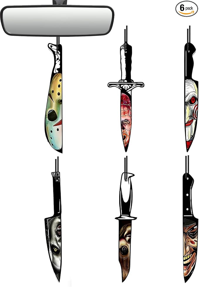 Car Air Freshener Hanging, 6Pcs Horror Knife Halloween Tree Decorations, Horror Movie Gifts, Halloween Air Freshener Car Decor, Scented Rearview Mirror Pendant, Halloween Gifts for Men Women