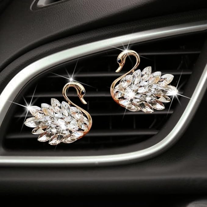 Katutude 2 Pcs Crystal Swan Car Air Vent Clips with Fragrance Tablets, Car Diffuser Air Freshener Vent Clips Air Conditioner Outlet Clip Charm Bling Car Interior Decoration, White