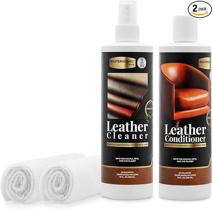 MASTERGUARD Leather Care Pack – Water-Based, Non-Toxic Cleaner & Conditioner with 2 Microfiber Cloths – Cleans, Conditions & Protects Leather Furniture, Car Seats & Accessories