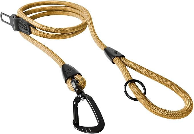 PawsPassion Rope Dog Leash 4 FT, 2-in-1 Heavy Duty Dog Leash with Seat Belt Buckle, Tangle Free 360ｰ Swivel Aviation Aluminum Carabiner, All Metal Hardware, Alloy O-Ring (Sunrise)