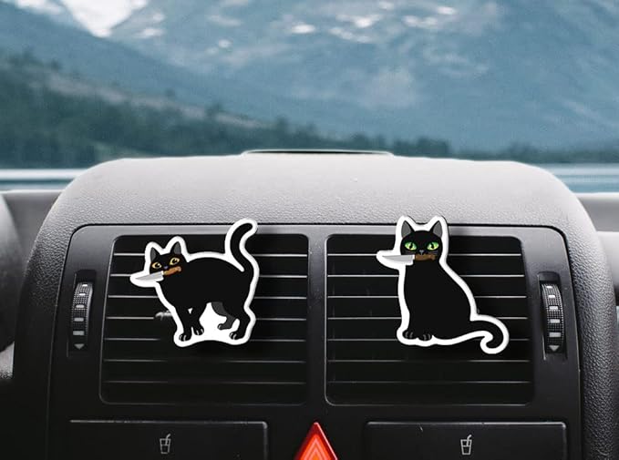 WIRESTER Set of 2 Fresh Scented Car Air Freshener Vent Clip, Decorative Accessories, Interior Decoration for Cars - Black Cat With Knife & Black Cat With Knife (S1)