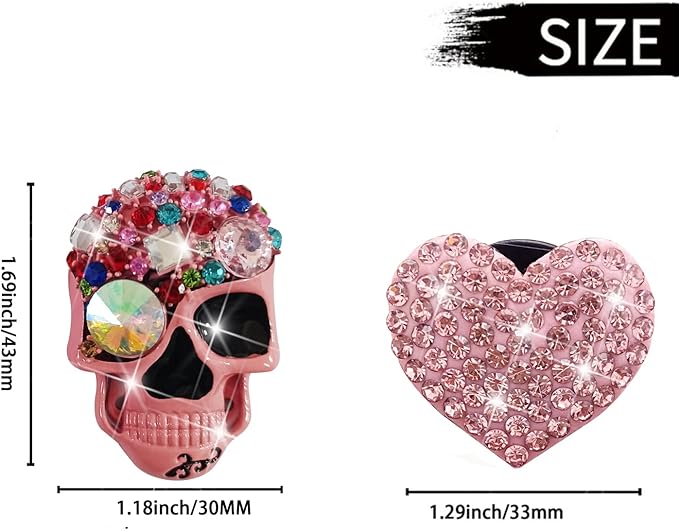 Pink Heart & Skull Air Vent Clips - 4 Pcs Diamond Car Interior Decor, Bling Skeleton Air Fresheners, Vents Clips, Funny Car Accessories + Sunflower Mask Hook