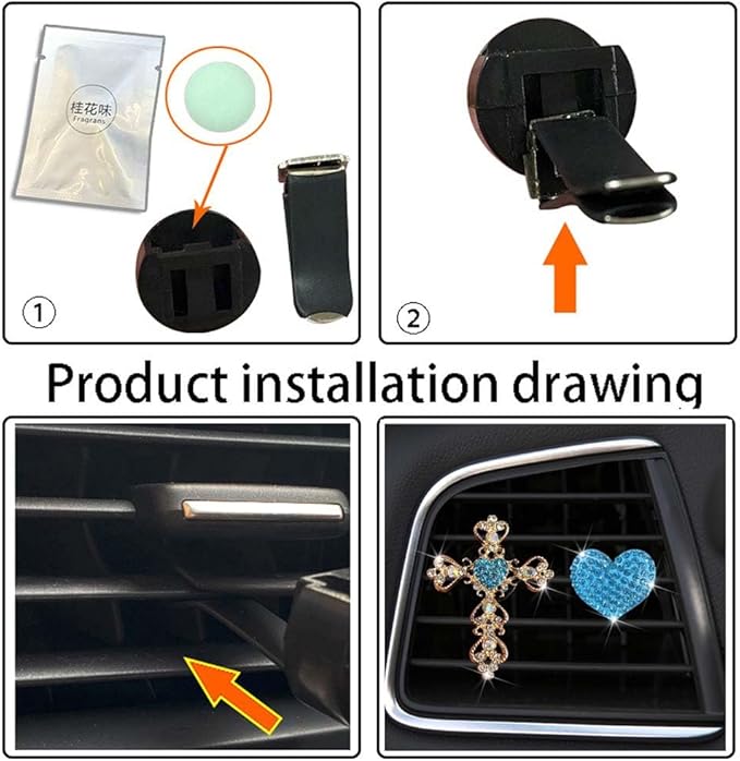 2 Pack Car Vent Clip Bling Car Accessories,Crystal Cross and Heart Car Vent Clip Air Freshener,Car Diffuser Vent Clip Diamond Car Decoration Car Essentials for Women(Blue)
