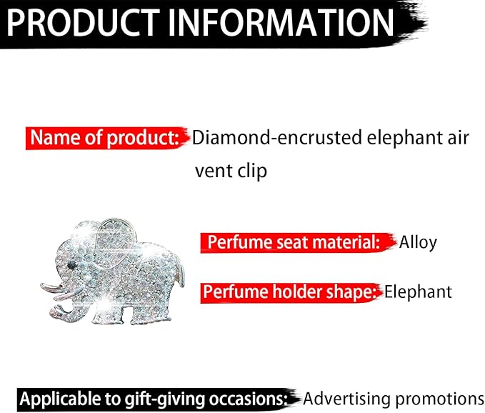 Rhinestone Elephant Car Air Vent Clip, 2PCS Bling Crystal Elephant Car Diffuser Air Conditioner Outlet Decoration Charms, Cute Auto Diamond Decoration Interior Accessories for Women Style E