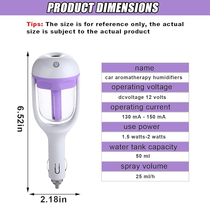 Car Humidifier, Portable Mini Aromatherapy Essential Oil Diffuser, 180-Degree Rotation Cool Mist Humidifier, Vehicle Air Freshener Diffuser with 12V Charging Port for Home Office (Purple)