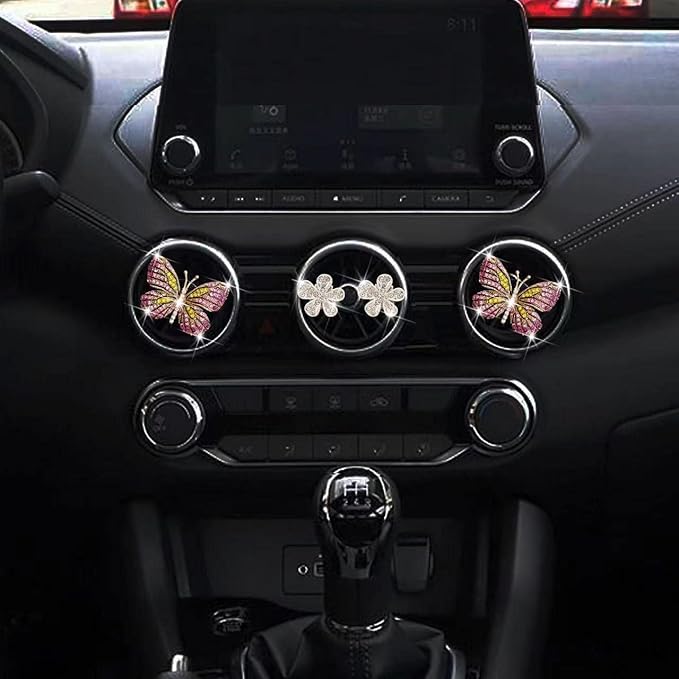 Bling Butterfly Air Vent Clips, 4 Pcs Crystal Daisy Car Air Fresheners, Rhinestone Diamond Flower Car Decoration