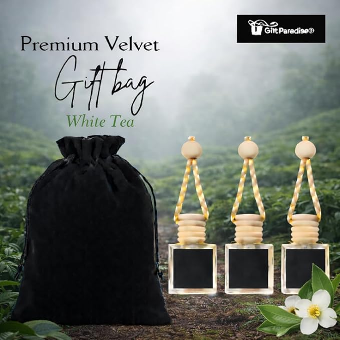 White Tea Car Air Freshener Set of 3 (10 ml Each) | Hanging Design with Velvet Gift Bag | Clean & Refreshing Aroma by Gift Paradise – Perfect for Car, Home & Office