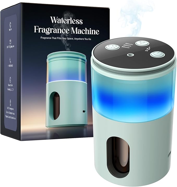 Battery Operated Waterless Diffuser – Portable Scent Machine for Car, Office & Bedroom, Ultrasonic Aroma Mist with 9 Color LED Light, Mini Essential Oil Diffuser Light Cyan