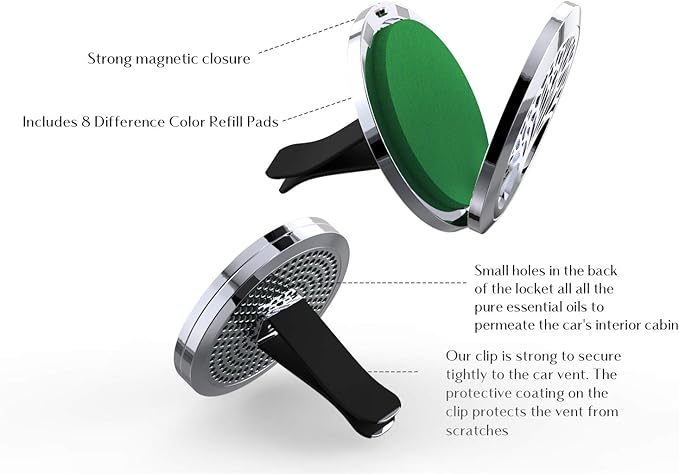 Wild Essentials Black Chrome Spider Essential Oil Car Vent Diffuser, Stainless Steel Locket Pendant With 8 Color Refill Pads, Customizable Color Changing Air Freshener for Aromatherapy