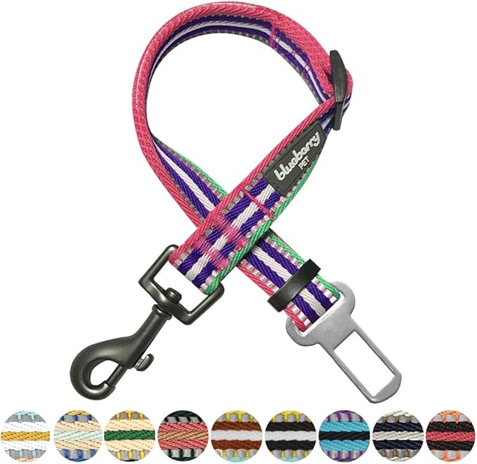 Blueberry Pet 6 Colors 3M Reflective Multi-Colored Stripe Adjustable Dog Seat Belt Tether for Dogs Cats, Pink, Emerald and Orchid, Durable Safety Car Vehicle Seatbelts Leads Use with Harness