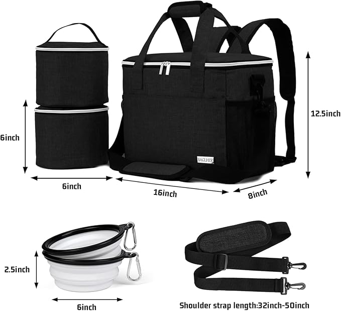 BAGLHER Dog Travel Bag Backpack Pet Supplies Backpack Pet Accessories Storage Bag 5-Piece Set With Shoulder Strap 2 Lined Pet Food Containers 4 Foldable Feeding Bowls Essential Kit for Pet travel