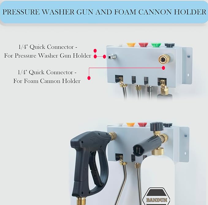 Pressure Washer Gun & Wand Holder - Foam Cannon & Nozzle Tip Holder for Car Pressure Washer Kit Storage Rack Wall Mount (Fit 1/4" Quick Connector)