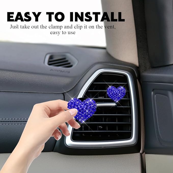 4PCS Bling Heart Air Vent Clips, Car Air Freshener for Women, Air Fresheners Diffuser Clip Charm, Car Air Conditioning Outlet Clip Decorative Accessory for Women Girls (Blue, Style1)
