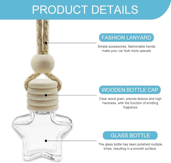 5PCS Hanging Car Air Freshener, Car Air Freshener Diffuser, 8ml Empty Glass Auto Oil Perfume Aromatherapy Diffuser Charms, Refillable Perfume Bottles for Most Vehicles (Star, Style 1)