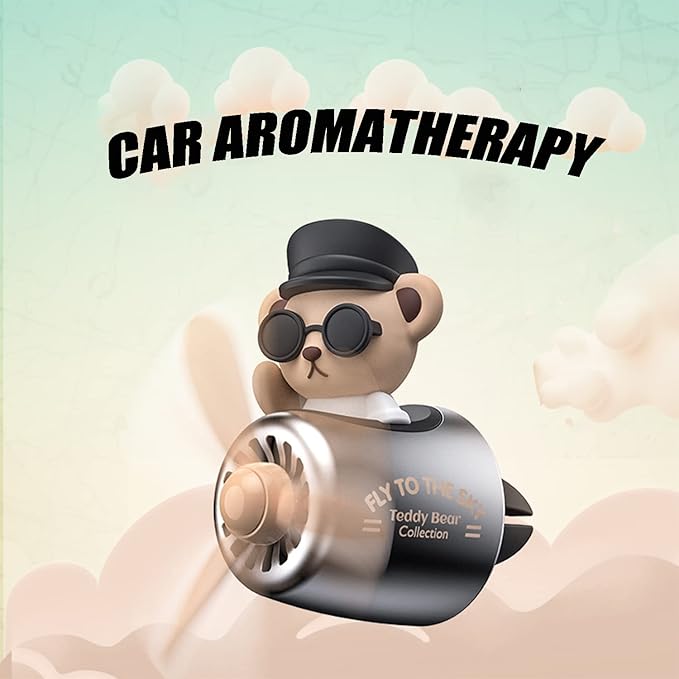 Car fragrance diffuser pilot air outlet cartoon rotating fan leaf perfume cute shape freshener with 2 fragrances (Teddy) 1 Count