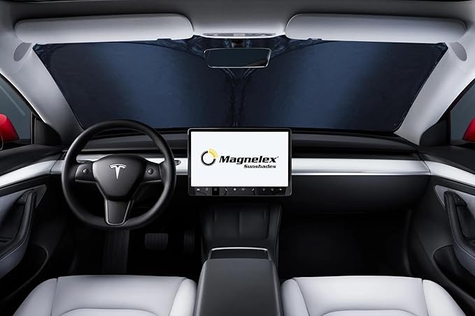 Magnelex Tesla Windshield Sun Shade (Model 3/Y), Reflective Polyester Blocks Heat & Sun, Foldable Car Window Sun Blocker, Mirror Cut-Out, Fade-Resistant Sunshade, Tesla 3 Accessories (Pack of 2)