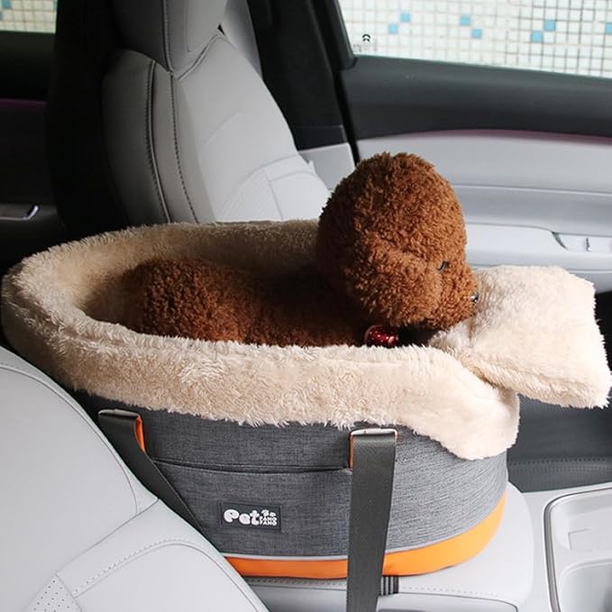 Pet Car Center Console Elevated Armrest Car Seat for Small Puppy, Dogs & Cats (Up to 10 lbs) – Dark Gray Washable Plush Carrier with Safety Leash, Fits Front Vehicle Console Space (Dark Grey)