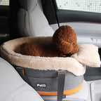 Pet Car Center Console Elevated Armrest Car Seat for Small Puppy, Dogs & Cats (Up to 10 lbs) – Dark Gray Washable Plush Carrier with Safety Leash, Fits Front Vehicle Console Space (Dark Grey)