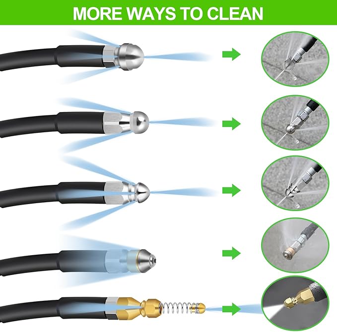 West Bay Sewer Jetter Kit 100 FT for Pressure Washer, 5800 PSI Drain Cleaner Hose 1/4 Inch NPT Corner Rotating and Button Nose Sewer Jetting Nozzle Spanner Watertight Tape Pearl Corsage Pin(Green)