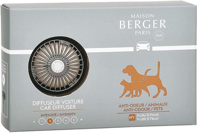 Maison Berger Car Diffuser Set – Refillable Vent Clip, Ceramic Refill, Made in France - Luxury Auto Scent - 4-Week Diffusion - Elegant Air Freshener for All Car Vents (Anti-Pet Odor)