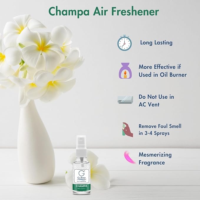 G's Breeze Champa Air Freshener - Captivating Floral Aroma Inspired by Champa Flower - Long-Lasting Fragrance - Relaxing Scent for Home, Office & Car - Refreshing & Tranquil Atmosphere for Relaxation