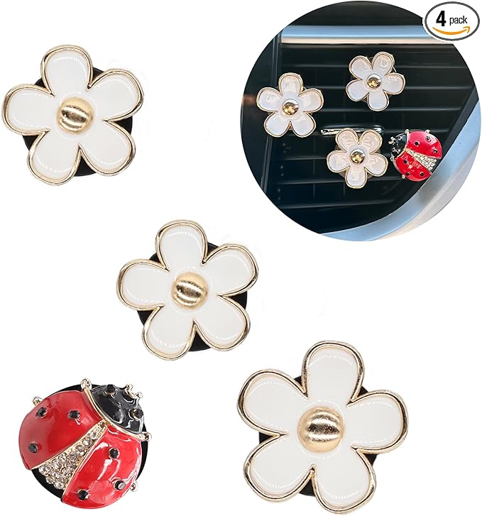 Car Vent Clips,Flowers Ladybug Car Air Freshener,3pcs White Daisy and 1pc Red Ladybug Alloy Car Decor Refillable Diffuser for Women