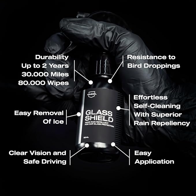 Nasiol GlasShield Nano Rain Repellent Spray Kit, Windshield&Glass Ceramic Coating, Super Hydrophobic to 30000 Miles, Super Easy Application Spray&Wipe, Clear Vision for Safe Driving, Easy Ice Removal