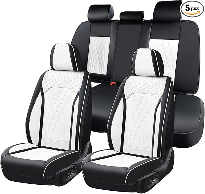 FLORICH Leather Car Seat Cover Full Set Automotive Seat Covers 5 Seats Front and Back Seat Cover Full Coverage Car Seat Protector Universal Fit for Most Car Truck SUV, Black&White