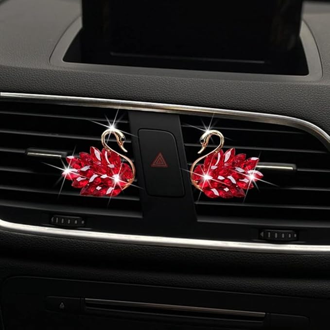 Katutude 2 Pcs Crystal Swan Car Air Vent Clips with Fragrance Tablets, Car Diffuser Air Freshener Vent Clips Air Conditioner Outlet Clip Charm Bling Car Interior Decoration, Red