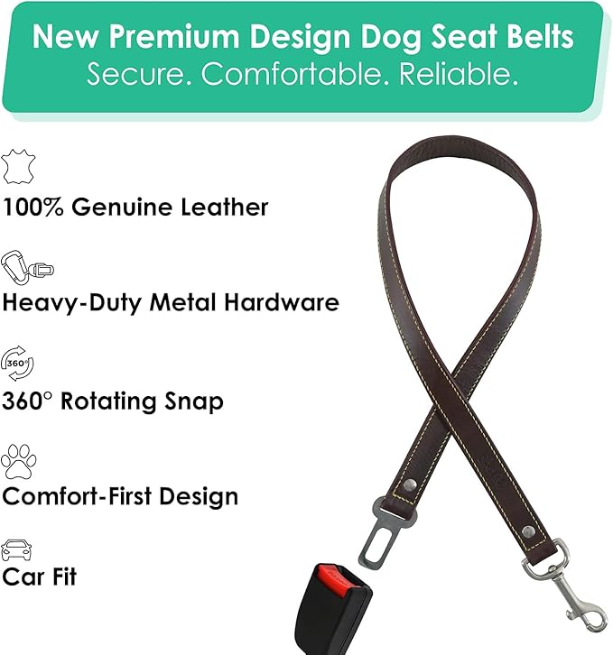 Genuine Leather Dog seat Belt for car, Safe Distraction Free Driving, Heavy-Duty Design with Military Grade Hardware, Harness for Small, Medium and Large Pets (Brown, 30")