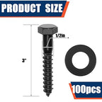 Tandefio 100 Pack 1/2''x 3'' Ceramic Black Lag Screw Kit with Washers Hex Lag Bolts Wood Screws Heavy Duty Hot Dip Galvanized Double Layer for Wood Decks Fences