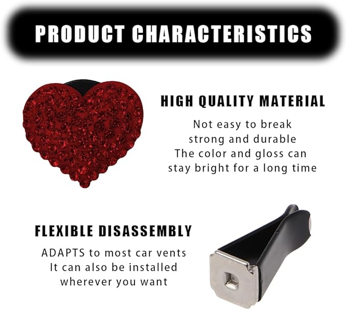 Car Diffuser, Car Air Fresheners Vent Clips, Rhinestone Heart Shaped Crystal Car Air Freshener Vent Clips, Bling Air Vent Clips Bling Inter Decor Accessories Fit for Cars, Trucks (Red)