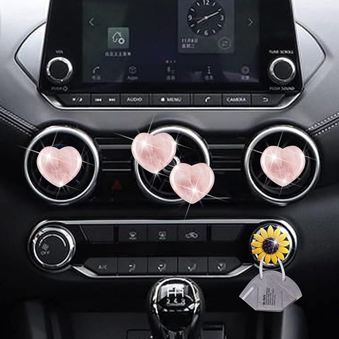 Quartz Heart Air Fresheners, 4 Pcs Pink Heart Style Vent Clips, Cute Car Decoration & Interior Decor Accessories for Women & Men + Sunflower Mask Hook