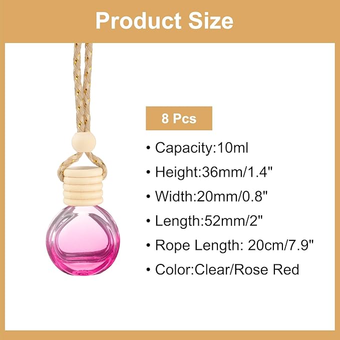 uxcell 8pcs Hanging Car Air Freshener Perfume Bottle, 10ml Pendant Empty Clear/Rose Red Glass Essential Oil Aromatherapy Diffuser with Wooden Cap for Car Decor (Clear/Rose Red, Round)