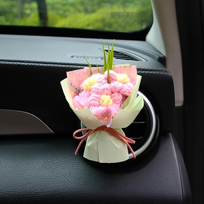 Mini Daisy Bouquet Car Vent Clip Air Freshener, Small Artificial Flowers Car Accessories, Reusable Essential Perfume Diffuser with Lemon & Blank Pad, Dashboard Yarn Floral Decor, Gift for Car(Style E)