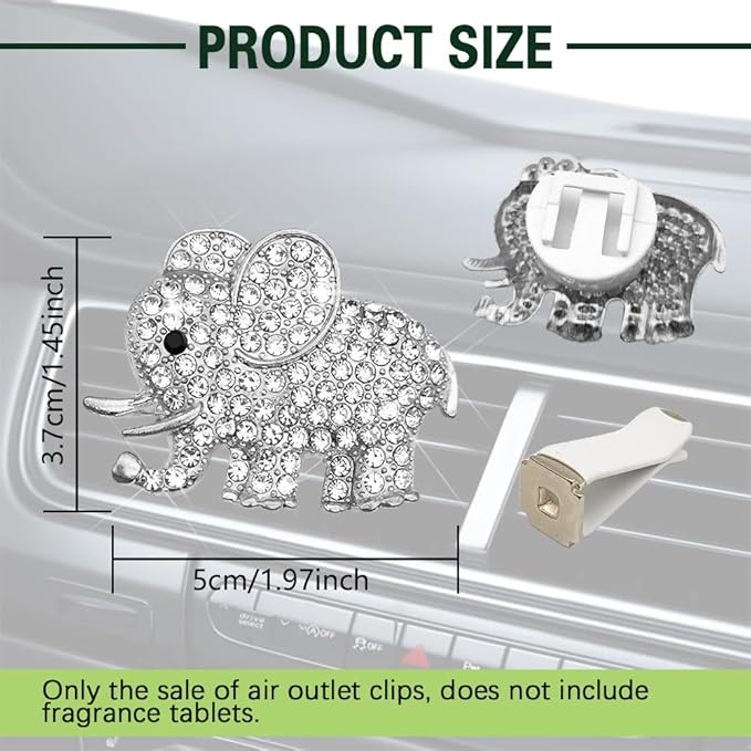 2PCS Car Air Vent Clip, Car Vent Accessories, Crystal Elephant Car Air Fresheners Vent Clips, Rhinestone Air Conditioning Outlet Clip Interior Decoration Universal for Women and Girls (Silver)