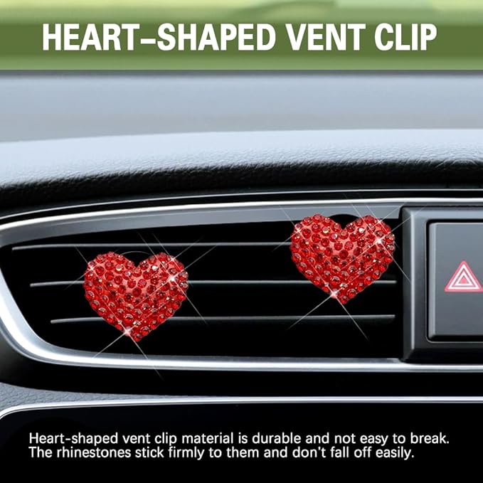 2PCS Bling Heart Air Vent Clips, Heart Car Accessories, Bling Heart Charm Air Conditioning Outlet Clip, Car Interior Decor Air Fresheners Vent Clips Universal Fit for Women and Girls (Red)