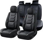 Coverado Car Seat Covers Full Set, Seat Covers for Cars, Front Seat Covers and Back Seat Cover Waterproof Leather Automotive Seat Cover, Universal Car Interior Protectors Cushion for Most Cars Black
