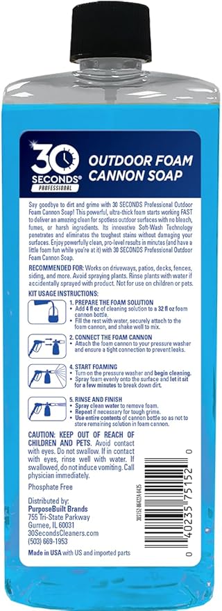 30 SECONDS Foam Cannon Soap – 16 fl. oz. Outdoor Cleaner for Siding, Decks, Driveways & More – Compatible with Most Foam Cannons for Pressure Washers & Garden Hose Sprayers