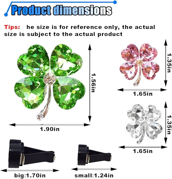 3PCS Bling Four Leaf Clover Car Dashboard Air Vent Trim Clips, Crystal Rhinestone Auto Air Fresheners Outlet Clips, Cute Car Interior AC Decoration Accessories for Women (Big Green/Small White & Pink)
