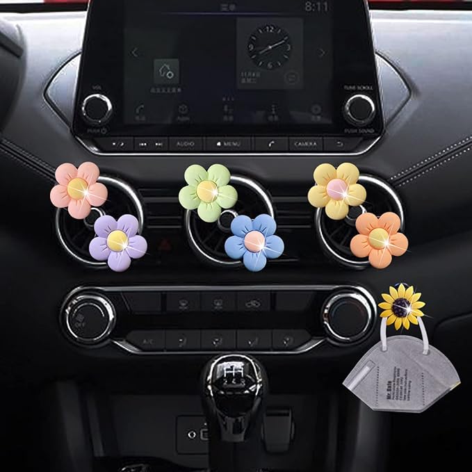 Cute Daisy Air Vent Clips, 6 Pcs Flower Air Fresheners Vent Clips Diffuser Vent Clip Charm Car Decoration for Women Cute Car Interior Decor Accessories +Sunflower Mask Hook