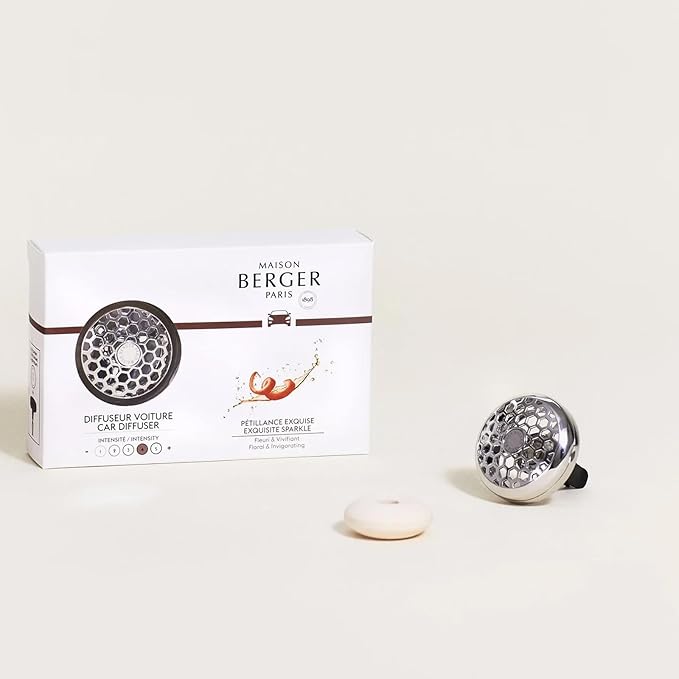 Maison Berger Car Diffuser Set – Refillable Vent Clip, Ceramic Refill, Made in France - Luxury Auto Scent - 4-Week Diffusion - Elegant Air Freshener for All Car Vents (Exquisite Sparkle)